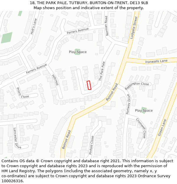 18, THE PARK PALE, TUTBURY, BURTON-ON-TRENT, DE13 9LB: Location map and indicative extent of plot