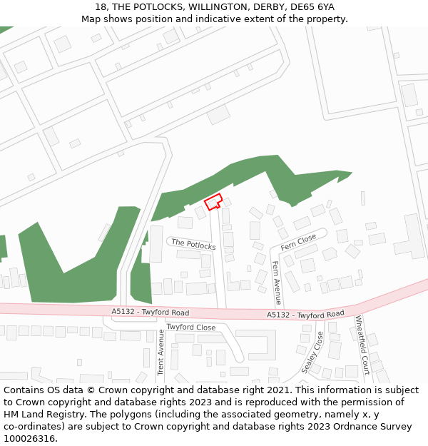 18, THE POTLOCKS, WILLINGTON, DERBY, DE65 6YA: Location map and indicative extent of plot