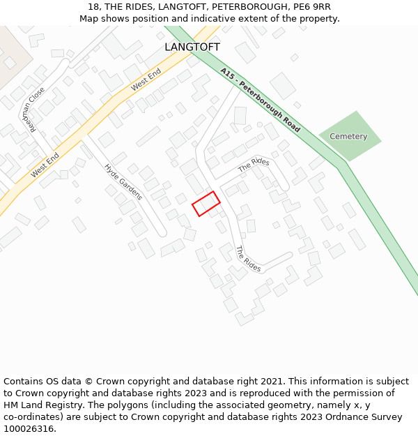 18, THE RIDES, LANGTOFT, PETERBOROUGH, PE6 9RR: Location map and indicative extent of plot