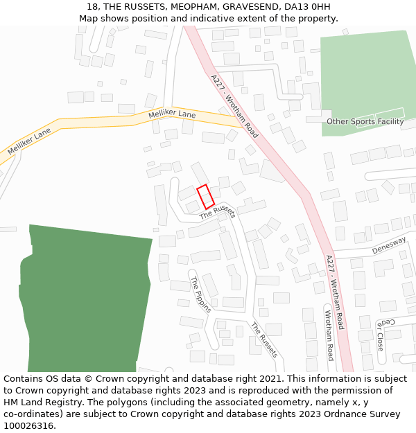18, THE RUSSETS, MEOPHAM, GRAVESEND, DA13 0HH: Location map and indicative extent of plot