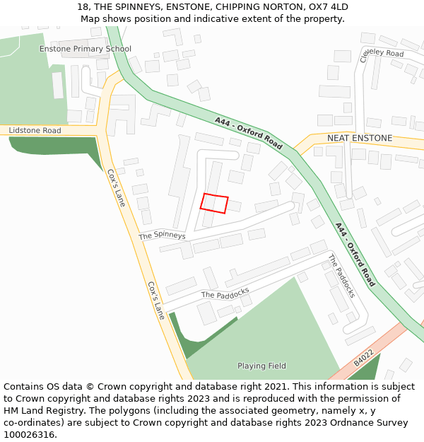 18, THE SPINNEYS, ENSTONE, CHIPPING NORTON, OX7 4LD: Location map and indicative extent of plot