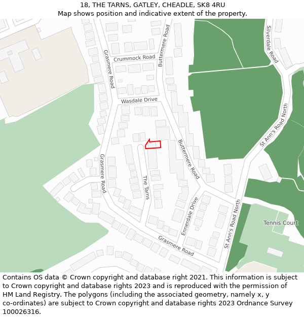 18, THE TARNS, GATLEY, CHEADLE, SK8 4RU: Location map and indicative extent of plot