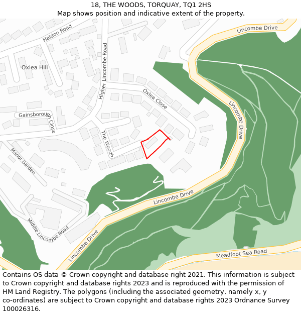 18, THE WOODS, TORQUAY, TQ1 2HS: Location map and indicative extent of plot