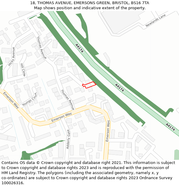 18, THOMAS AVENUE, EMERSONS GREEN, BRISTOL, BS16 7TA: Location map and indicative extent of plot