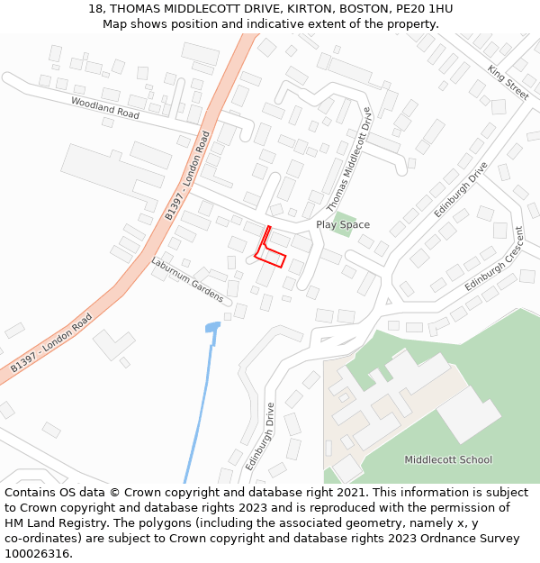 18, THOMAS MIDDLECOTT DRIVE, KIRTON, BOSTON, PE20 1HU: Location map and indicative extent of plot