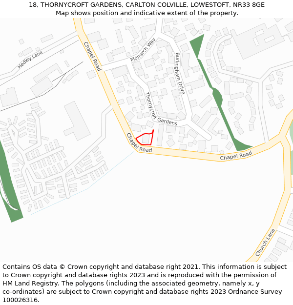 18, THORNYCROFT GARDENS, CARLTON COLVILLE, LOWESTOFT, NR33 8GE: Location map and indicative extent of plot