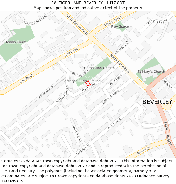 18, TIGER LANE, BEVERLEY, HU17 8DT: Location map and indicative extent of plot