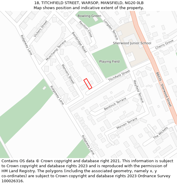 18, TITCHFIELD STREET, WARSOP, MANSFIELD, NG20 0LB: Location map and indicative extent of plot