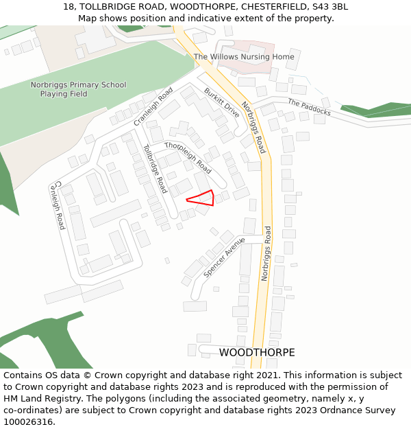 18, TOLLBRIDGE ROAD, WOODTHORPE, CHESTERFIELD, S43 3BL: Location map and indicative extent of plot