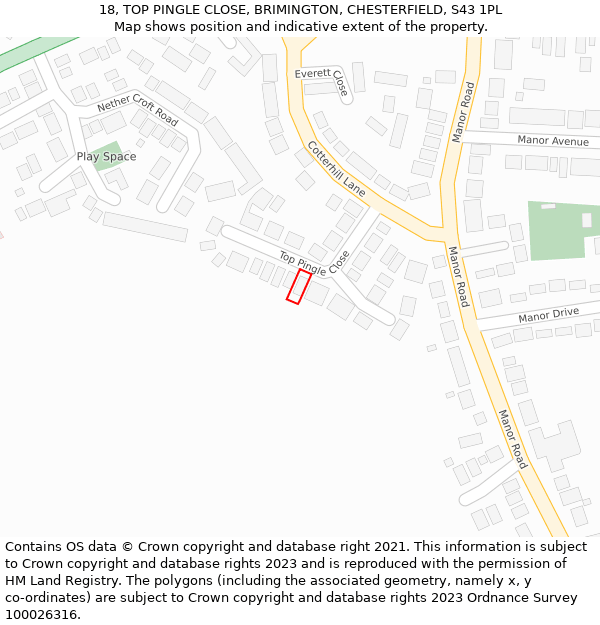 18, TOP PINGLE CLOSE, BRIMINGTON, CHESTERFIELD, S43 1PL: Location map and indicative extent of plot