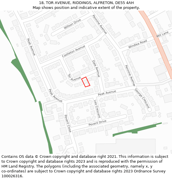 18, TOR AVENUE, RIDDINGS, ALFRETON, DE55 4AH: Location map and indicative extent of plot