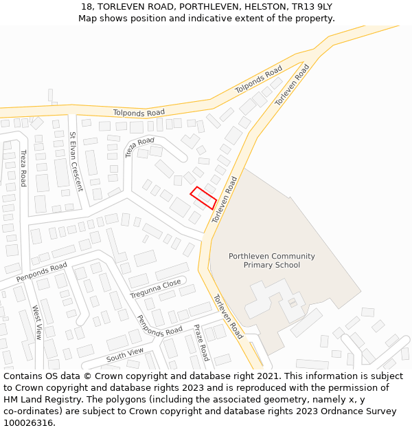 18, TORLEVEN ROAD, PORTHLEVEN, HELSTON, TR13 9LY: Location map and indicative extent of plot