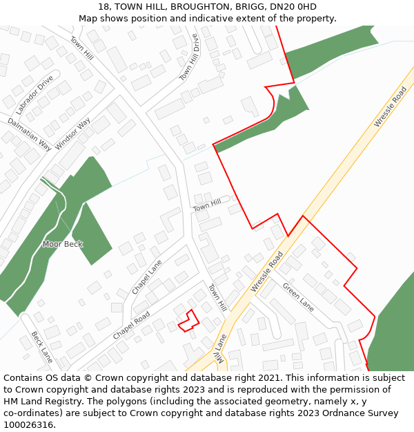 18, TOWN HILL, BROUGHTON, BRIGG, DN20 0HD: Location map and indicative extent of plot