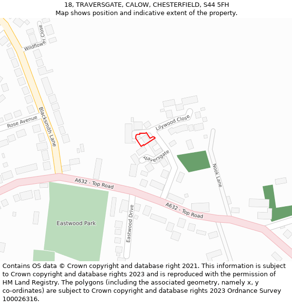 18, TRAVERSGATE, CALOW, CHESTERFIELD, S44 5FH: Location map and indicative extent of plot