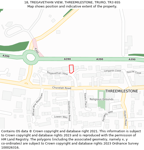 18, TREGAVETHAN VIEW, THREEMILESTONE, TRURO, TR3 6SS: Location map and indicative extent of plot