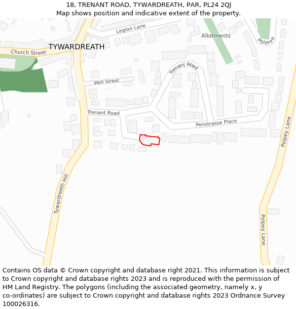 18, TRENANT ROAD, TYWARDREATH, PAR, PL24 2QJ: Location map and indicative extent of plot