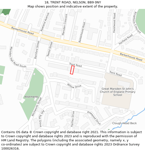 18, TRENT ROAD, NELSON, BB9 0NY: Location map and indicative extent of plot