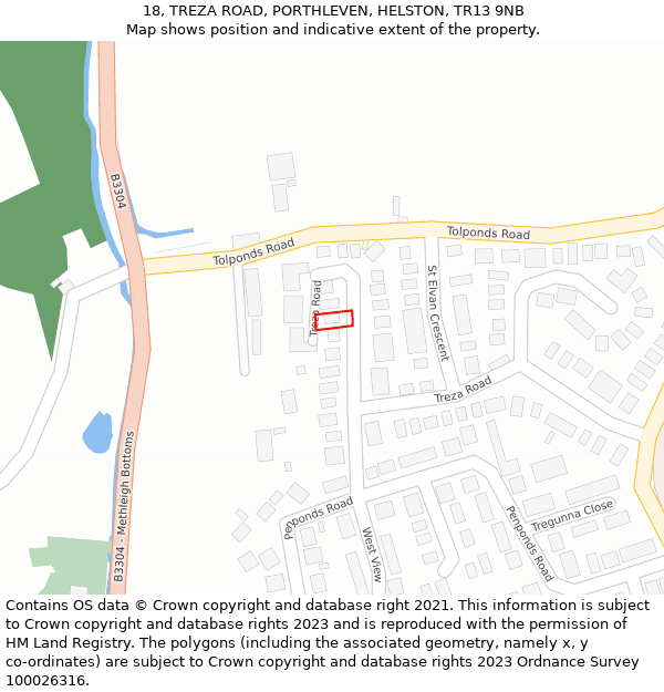 18, TREZA ROAD, PORTHLEVEN, HELSTON, TR13 9NB: Location map and indicative extent of plot