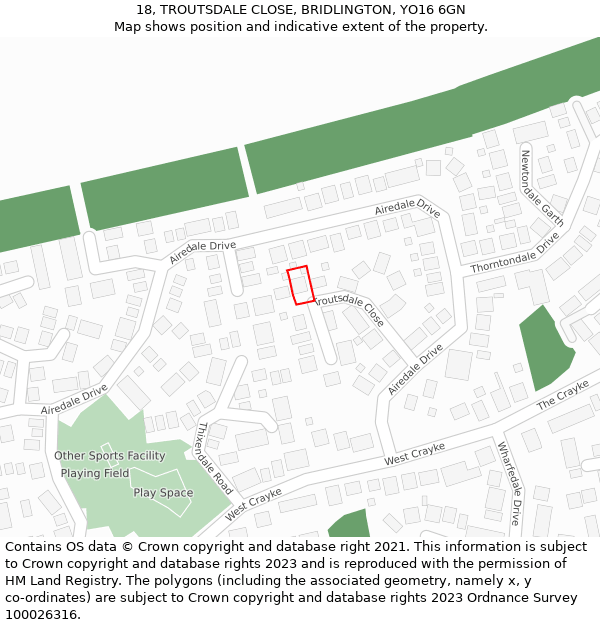 18, TROUTSDALE CLOSE, BRIDLINGTON, YO16 6GN: Location map and indicative extent of plot