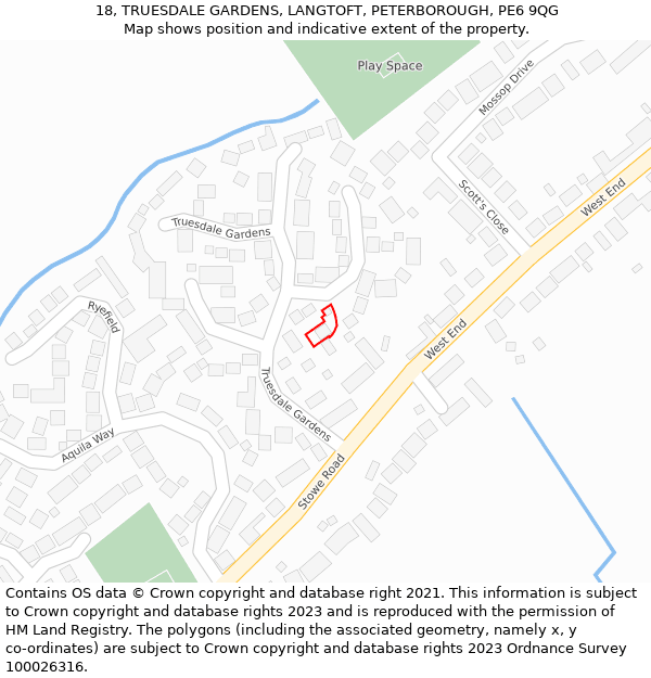 18, TRUESDALE GARDENS, LANGTOFT, PETERBOROUGH, PE6 9QG: Location map and indicative extent of plot