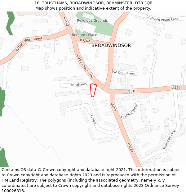 18, TRUSTHAMS, BROADWINDSOR, BEAMINSTER, DT8 3QB: Location map and indicative extent of plot