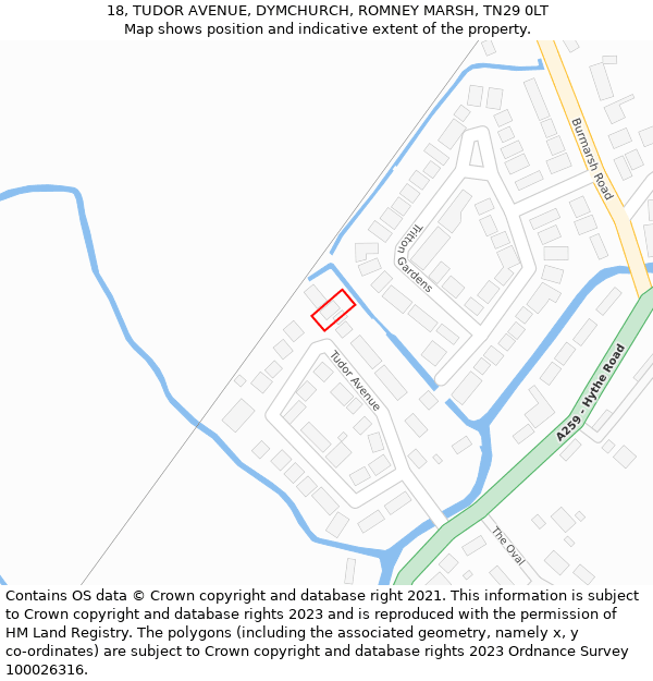 18, TUDOR AVENUE, DYMCHURCH, ROMNEY MARSH, TN29 0LT: Location map and indicative extent of plot