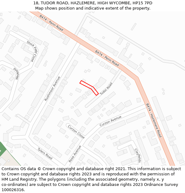 18, TUDOR ROAD, HAZLEMERE, HIGH WYCOMBE, HP15 7PD: Location map and indicative extent of plot