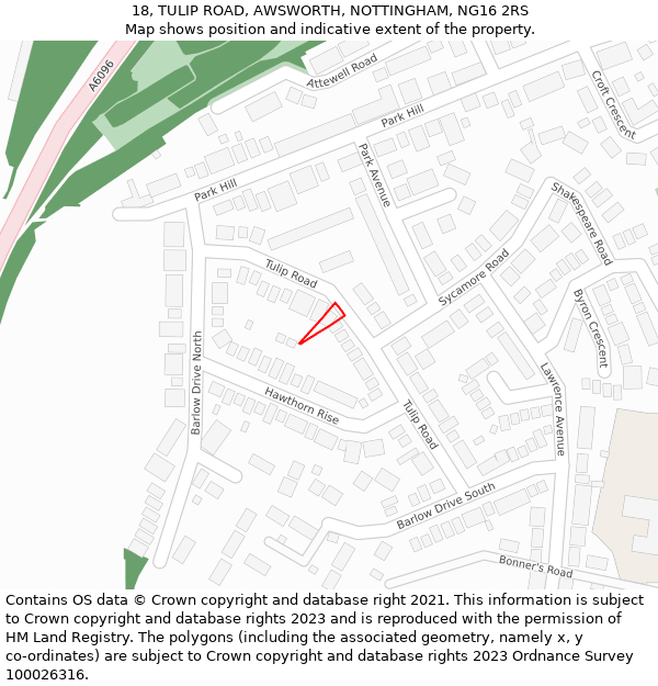 18, TULIP ROAD, AWSWORTH, NOTTINGHAM, NG16 2RS: Location map and indicative extent of plot