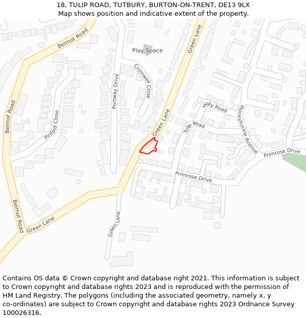 18, TULIP ROAD, TUTBURY, BURTON-ON-TRENT, DE13 9LX: Location map and indicative extent of plot