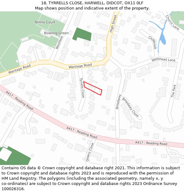 18, TYRRELLS CLOSE, HARWELL, DIDCOT, OX11 0LF: Location map and indicative extent of plot