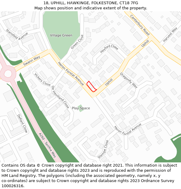 18, UPHILL, HAWKINGE, FOLKESTONE, CT18 7FG: Location map and indicative extent of plot