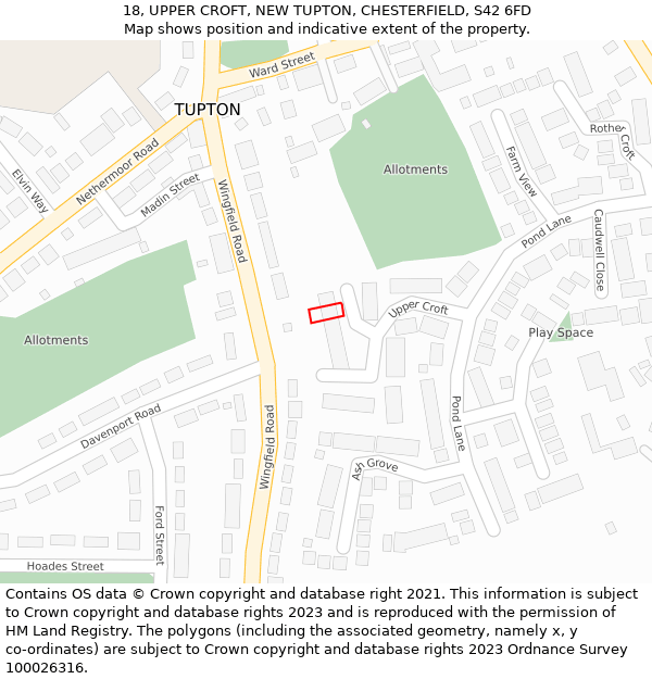 18, UPPER CROFT, NEW TUPTON, CHESTERFIELD, S42 6FD: Location map and indicative extent of plot