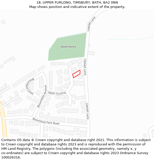 18, UPPER FURLONG, TIMSBURY, BATH, BA2 0NN: Location map and indicative extent of plot