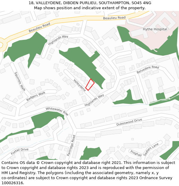 18, VALLEYDENE, DIBDEN PURLIEU, SOUTHAMPTON, SO45 4NG: Location map and indicative extent of plot