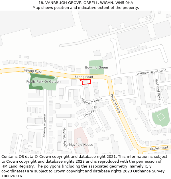 18, VANBRUGH GROVE, ORRELL, WIGAN, WN5 0HA: Location map and indicative extent of plot