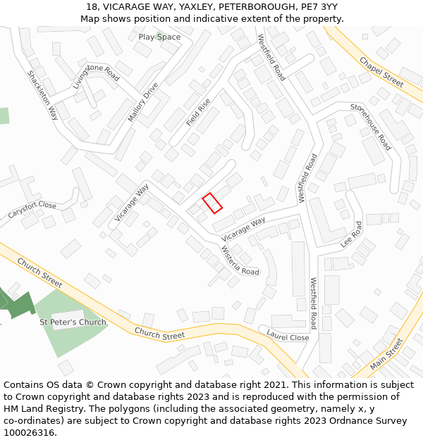 18, VICARAGE WAY, YAXLEY, PETERBOROUGH, PE7 3YY: Location map and indicative extent of plot