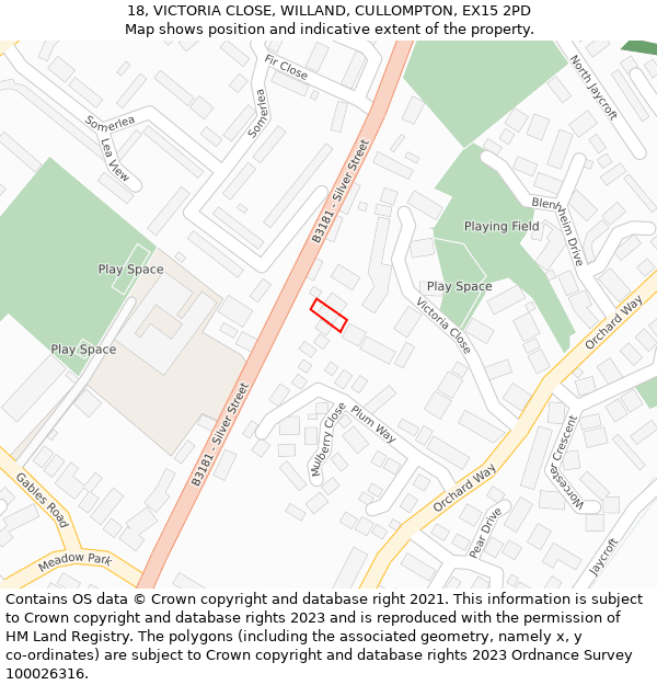 18, VICTORIA CLOSE, WILLAND, CULLOMPTON, EX15 2PD: Location map and indicative extent of plot