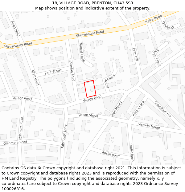 18, VILLAGE ROAD, PRENTON, CH43 5SR: Location map and indicative extent of plot