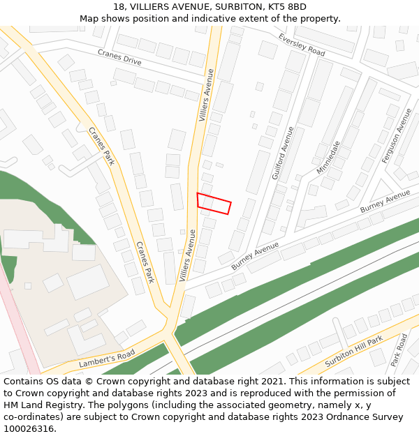 18, VILLIERS AVENUE, SURBITON, KT5 8BD: Location map and indicative extent of plot