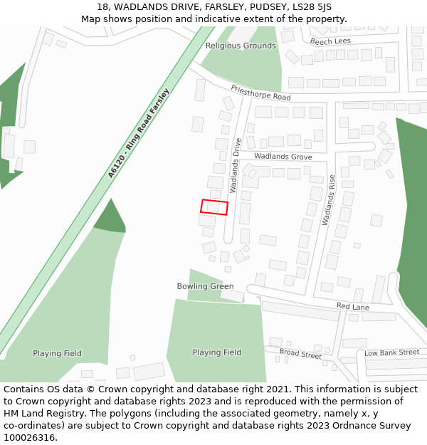 18, WADLANDS DRIVE, FARSLEY, PUDSEY, LS28 5JS: Location map and indicative extent of plot