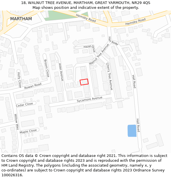 18, WALNUT TREE AVENUE, MARTHAM, GREAT YARMOUTH, NR29 4QS: Location map and indicative extent of plot