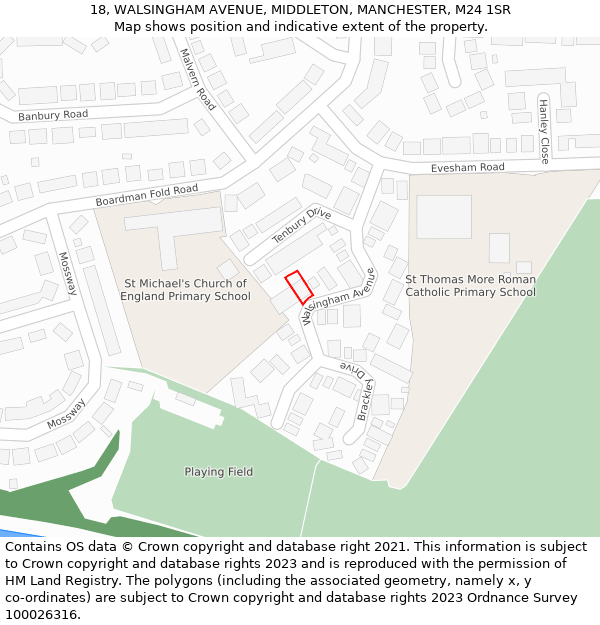 18, WALSINGHAM AVENUE, MIDDLETON, MANCHESTER, M24 1SR: Location map and indicative extent of plot