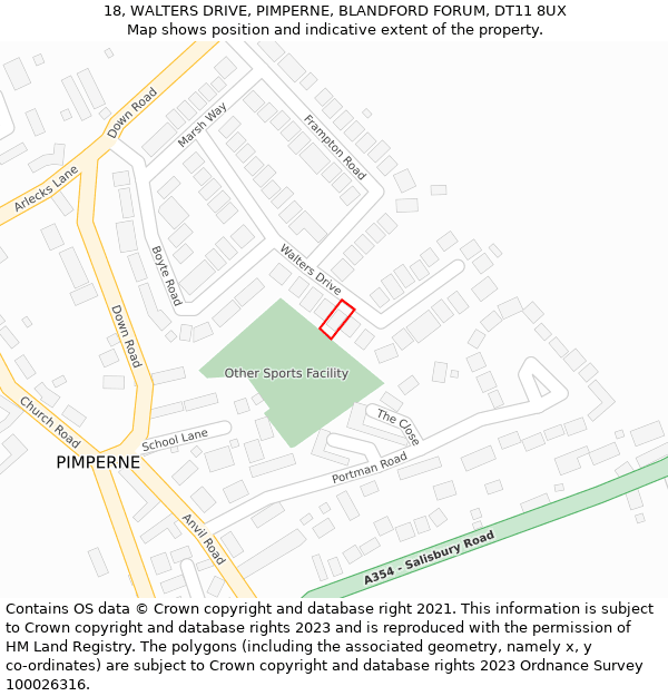 18, WALTERS DRIVE, PIMPERNE, BLANDFORD FORUM, DT11 8UX: Location map and indicative extent of plot