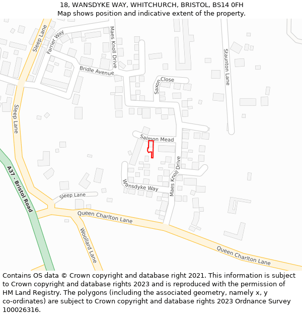 18, WANSDYKE WAY, WHITCHURCH, BRISTOL, BS14 0FH: Location map and indicative extent of plot