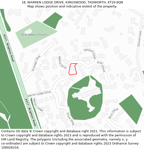 18, WARREN LODGE DRIVE, KINGSWOOD, TADWORTH, KT20 6QN: Location map and indicative extent of plot