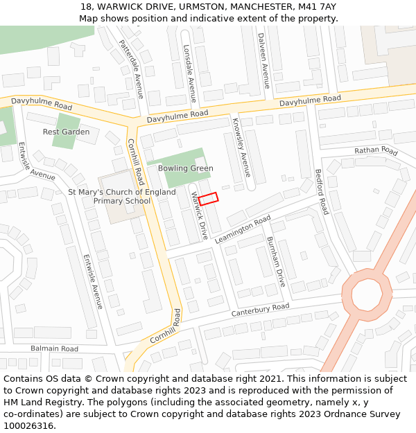 18, WARWICK DRIVE, URMSTON, MANCHESTER, M41 7AY: Location map and indicative extent of plot