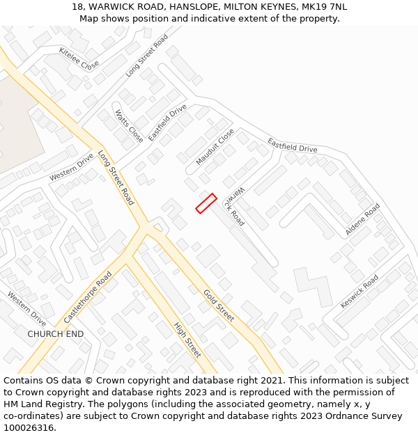 18, WARWICK ROAD, HANSLOPE, MILTON KEYNES, MK19 7NL: Location map and indicative extent of plot