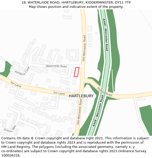 18, WATERLAIDE ROAD, HARTLEBURY, KIDDERMINSTER, DY11 7TP: Location map and indicative extent of plot