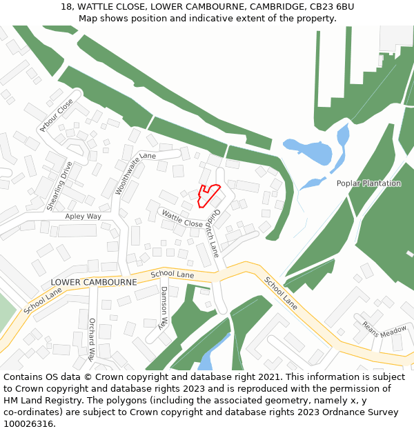 18, WATTLE CLOSE, LOWER CAMBOURNE, CAMBRIDGE, CB23 6BU: Location map and indicative extent of plot