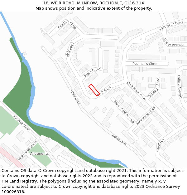 18, WEIR ROAD, MILNROW, ROCHDALE, OL16 3UX: Location map and indicative extent of plot